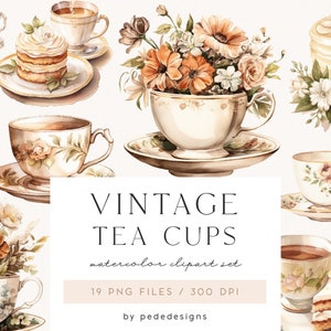 Tazze da tè vintage, clipart di tazze da tè, acquerello vintage, tazza fiorita, album di ritagli, diario spazzatura, elementi del logo, tazza da tè dell'acquerello, download