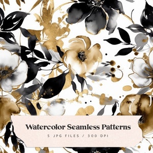 Aquarell Blumen Digitales Papier, Aquarell Blumen Muster, elegantes nahtloses digitales Papier, schwarz weiß und gold, botanische Kunst, download