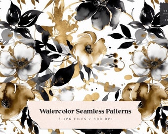 Papel digital floral de acuarela, patrón de flores de acuarela, elegante papel digital sin costuras, blanco y negro y dorado, arte botánico, descarga