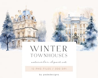 Winter Townhouses, watercolor winter clipart, apartment house png graphics, winter scenery, winter scenery, house png graphics, download
