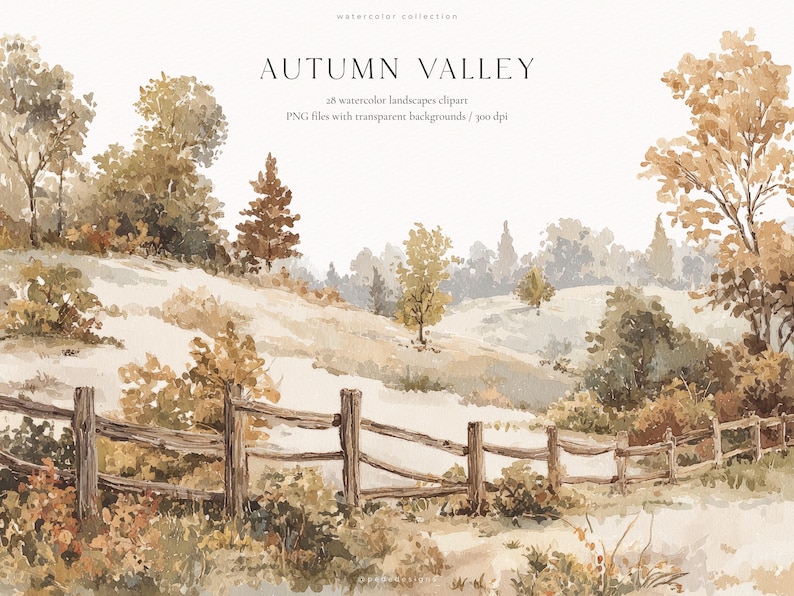 以下が含まれることがあります： AUTUMN VALLEYと題された水彩画の風景イラスト。300dpiの透明な背景を持つ28個の水彩風景クリップアートPNGファイルが含まれています。なだらかな丘、茶色や金色の秋の木々、木製の柵が描かれています。