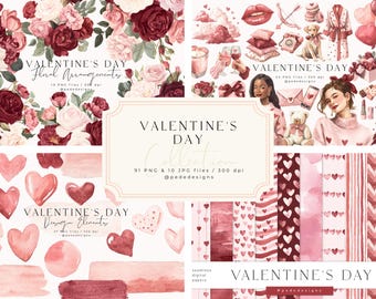 Valentinstag Clipart Bundle | Aquarell Valentine Kollektion | Blumen Herzen | Liebe Clip Art | Romantisches PNG Set