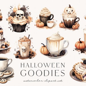 May include: A watercolour illustration of Halloween-themed treats, including coffee, cupcakes, and cake, with pumpkin and skull motifs. The image includes the text "Halloween Goodies", a watercolour clipart set.