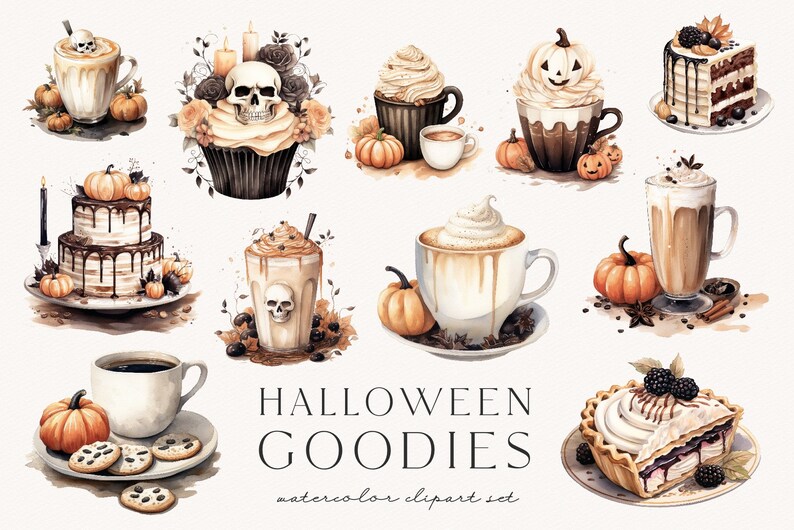 May include: A watercolour illustration of Halloween-themed treats, including coffee, cupcakes, and cake, with pumpkin and skull motifs. The image includes the text "Halloween Goodies", a watercolour clipart set.