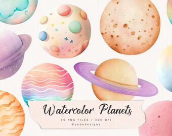 Akvarell planet clipart, planeter clipart, solsystem, jord, måne, moln, söt galaxplanet, himmelsk måne, pastellfärger, ladda ner