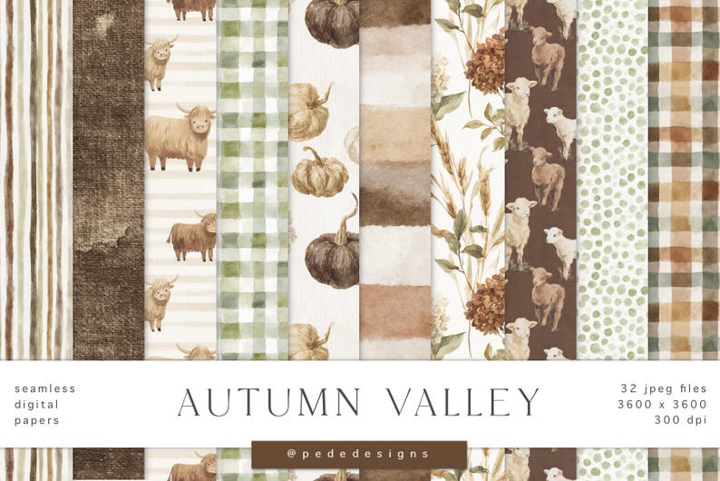 Fall Digital Paper Bundle with Watercolor Pumpkin Patterns, Rustic Farmhouse Seamless Paper, Thanksgiving Backgrounds (Digital Download) image 1