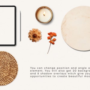 May include: A flat lay mockup scene with a white tablet, a brown wicker coaster, a lit candle in a gold container, a dried orange flower, and a round beige background.