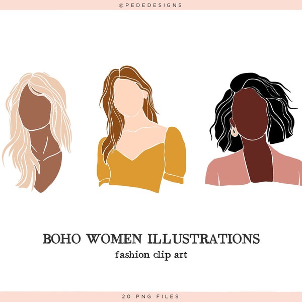 Boho Women Illustrations, boho clipart, fashion clip art, faceless, abstract woman, lady boss clipart, download
