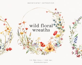 Wild Floral Wreaths, wild flowers png, romantic meadow clipart, premade floral clipart, watercolor wreath, premade frame, logo, download