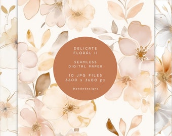 Papel Digital Floral Delicado para Aquarela | Fundos de Flores Sem Costura Bege e Rosa | Conjunto de Padrões de Aquarela Suave para Scrapbooking