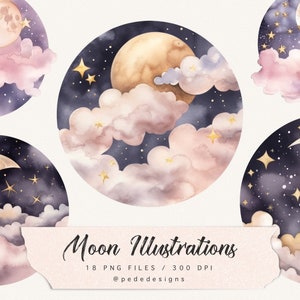 Ilustrações de lua em aquarela, clipart de lua rosa, céu noturno, lua e estrelas, png feminino, lua celestial em aquarela, arte de berçário, baixar