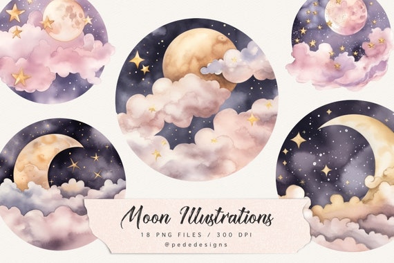 Watercolor moon illustrations, pink moon clipart, night sky, moon & stars, girly png, watercolor celestial moon, nursery art, download