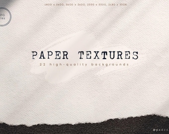 Op de afbeelding: Een digitale afbeelding met de tekst PAPER TEXTURES en 22 high-quality backgrounds op een licht, gestructureerd papieren oppervlak met een gescheurde onderrand. De afbeelding bevat resolutiegegevens en @pededesigns.