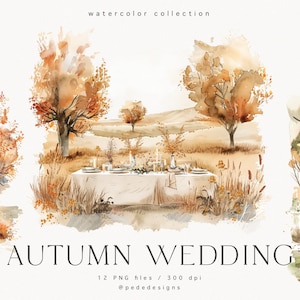Illustrations de mariage, clipart mariage aquarelle, graphiques automne, faire-part de mariage, cérémonie de mariage automne, salle de mariage, téléchargement