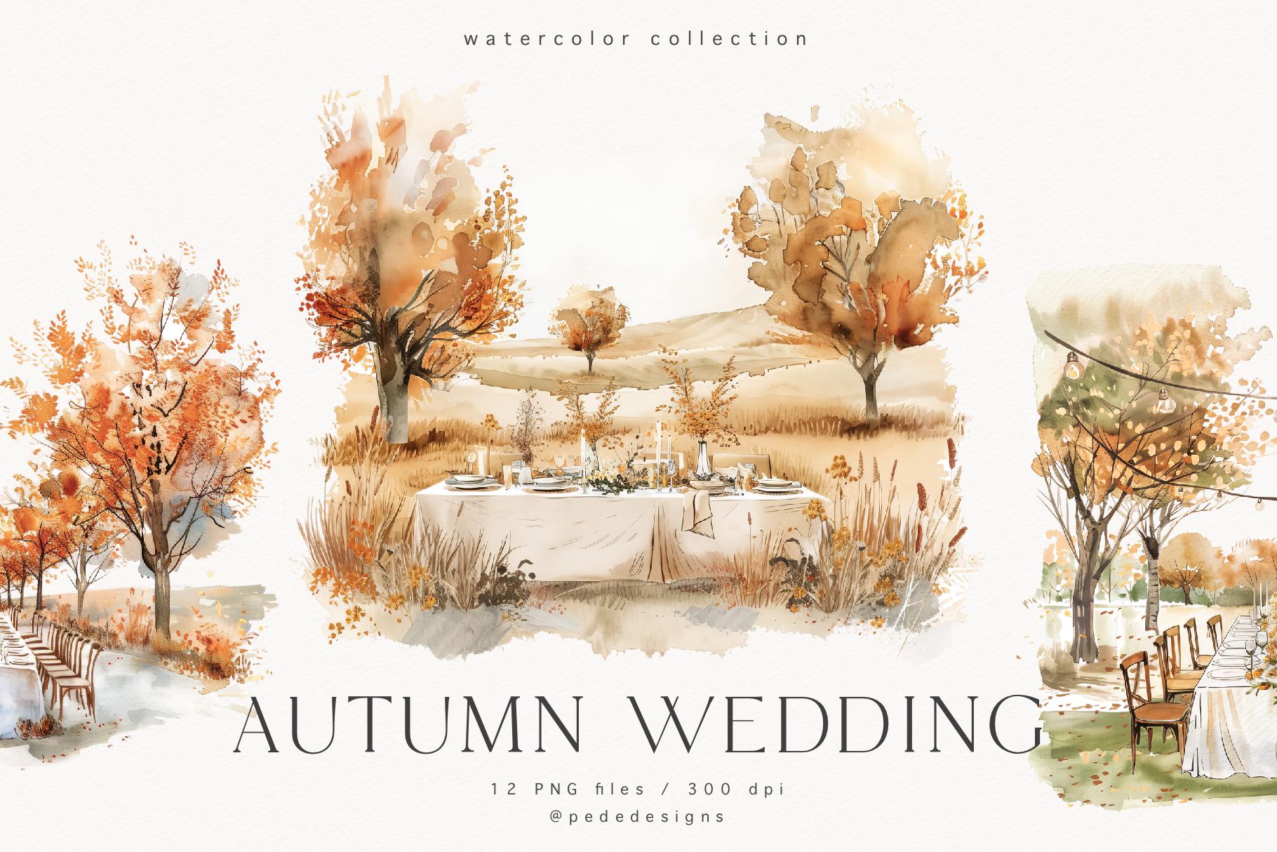Wedding Illustrations, watercolor wedding clipart, autumn graphics, wedding invitation, fall wedding ceremony, wedding venue, download