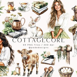 Cottagecore-illustraties set, aquarel clipart, zomerhuisje, lente png, plattelandsvoedsel, tuinieren stickers, meisje clipart, download