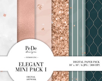 Elegant mini pack I, digital paper pack, elegant pattern, confetti, glitter, leaves, stripes, brush pattern, glitter, rose gold, download