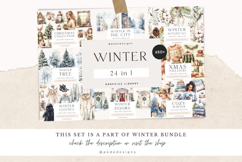 May include: A digital illustration set featuring 24 winter-themed graphics, including Christmas trees, winter clothes, doors, and botanicals. The set includes over 650+ elements and is part of a larger winter bundle.