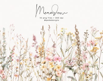 Meadow clipart, watercolor floral field clipart, watercolor wild flowers, floral arrangement, floral border set, rustic flowers, download