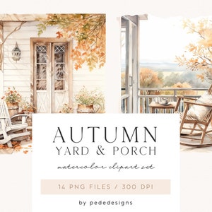 Autumn Yard & Porch, imágenes prediseñadas de otoño de acuarela, gráficos png de otoño, paisajes de otoño de acuarela, campo, imágenes prediseñadas rústicas, descargar