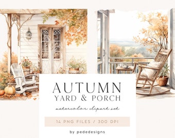 Cortile e portico autunnali, clipart autunnali ad acquerello, grafica png autunnale, paesaggio autunnale ad acquerello, campagna, clipart rustiche, download