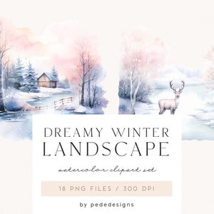 Dreamy Winter Landscape, watercolor winter scenery, magical winter clipart, winter scene, deer, winter png graphics, houses, download