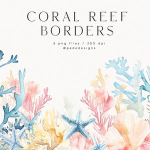 Bordes de arrecifes de coral, imágenes prediseñadas marinas de acuarela, gráficos oceánicos, imágenes prediseñadas submarinas, png de verano, estrellas de mar, conchas marinas, vida marina, descargar