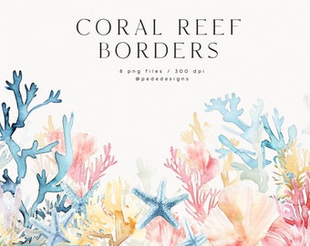 Coral Reef Borders, watercolor sea clipart, ocean graphics, underwater clipart, summer png, starfish, seashells, sea life, download