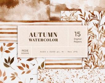 Autumn Watercolor Digital Paper, brown watercolor texture, seamless digital paper, printable, planner paper, leaves, splatter, download