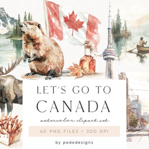Vamos a Canadá, imágenes prediseñadas de verano en acuarela, viajes, vida salvaje, paisajes canadienses, calles canadienses, pegatinas de planificador, estética, descargar