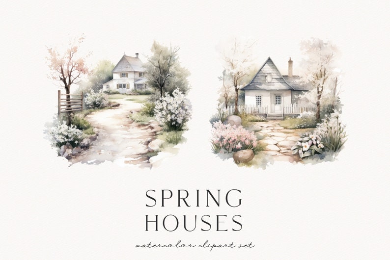 Op de afbeelding: Watercolor clipart set met twee lentehuizen. E&eacute;n huis heeft een stenen pad, de andere een houten hek. Beide zijn omgeven door groen en bloeiende bomen. De tekst "SPRING HOUSES" staat onder de afbeeldingen, met "watercolor clipart set" eronder.