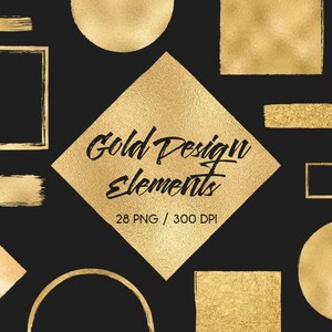 Puede incluir: Una colección de elementos de diseño en lámina de oro sobre un fondo negro, incluyendo círculos, cuadrados, diamantes y pinceladas. El diamante central presenta el texto negro Gold Design elements 28 PNG / 300 DPI.