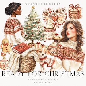 Klaar voor kerst clipartbundel, aquarel kerst clipart, gezellige kerst, kerstboom, winterkrans png, rode kerst, download