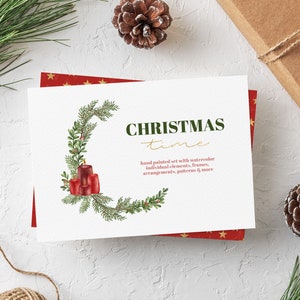Aquarel Christmas Time-collectie, kerst clipart, wintergebladerte, frames, kransen, randen, digitale documenten, downloaden
