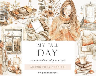Può includere: Una collezione di illustrazioni ad acquerello con una persona in maglione che tiene una tazza, una casa, una poltrona comoda, zucche, candele e libri. Il testo centrale recita MY FALL DAY watercolor clipart set 60 PNG FILES 300 DPI by pededesigns.
