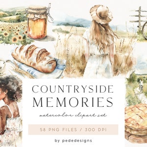 Souvenirs de campagne, clipart d'été aquarelle, cottage d'été, scènes d'été, animaux de la ferme, fleurs sauvages, clipart fille, téléchargement