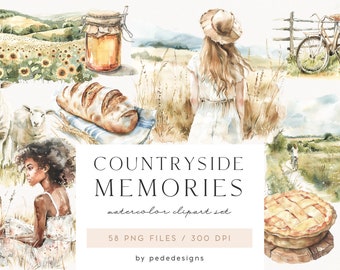 Countryside Memories, watercolor summer clipart, summer cottagecore, summer scenes, farm animals, wild flowers, girl clipart, download