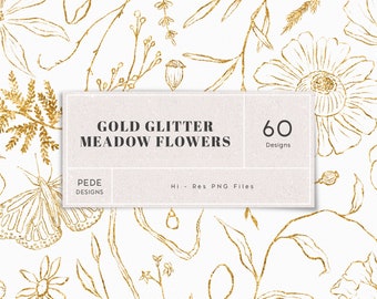 Gold glitter meadow flowers, gold wild flowers clip art, glitter leaves, meadow clipart, hand drawn, botanical png, gold flowers, download