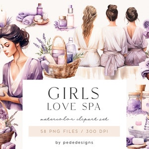 Girls Love Spa Clipart, clipart ragazza acquerello, clipart spa day, addio al nubilato, candele, asciugamani, lavanda, acquerello viola, download