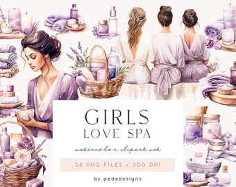 Girls Love Spa Clipart, Aquarell Mädchen Clipart, Spa Day Clipart, Bachelorette, Kerzen, Handtücher, Lavendel, Aquarell lila, download