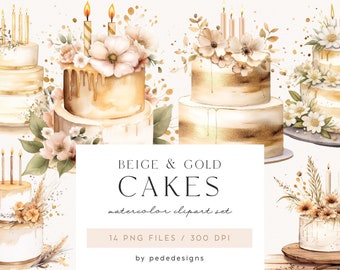 Beige & gold cakes clipart, wedding clipart, birthday cake illustration, sweets, bakery, cake clipart, cake shop logo, download
