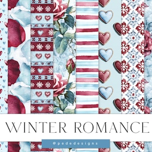 Pacchetto di carta digitale Winter Romance, carte digitali per San Valentino, motivi d'amore senza soluzione di continuità, sfondo invernale, sfondo a forma di cuore, download