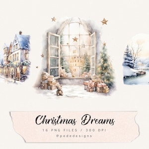 Weihnachtsträume, Aquarell Weihnachtsszene, Winter Clip Art, Tannenbaum, Winter Illustration, Heiligabend, Weihnachtsgrafik, Download