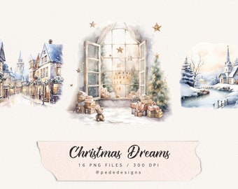 Christmas dreams, watercolor christmas scene, winter clip art, christmas tree, winter illustration, christmas eve, winter graphics, download