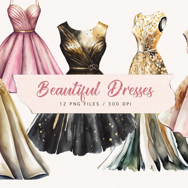 Watercolor dresses clipart, gold, pink, black, hand painted, fashion illustration, fashion couture, prom dress, fashion clip art, download
