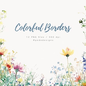 Colorful Borders, watercolor wild flowers clipart, watercolor floral field, floral border, wedding, summer floral, meadow flowers, download
