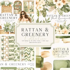 May include: A digital illustration set featuring rattan and greenery elements. The set includes floral arrangements, seamless patterns, design elements, and a woman in a green dress and a rattan chair. The text "Rattan & Greenery Collection" is featured in the center of the image.