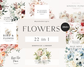 Flowers Bundle, clipart library, watercolor illustrations set, bouquet clipart, flowers graphics, summer, spring, frames, borders, download