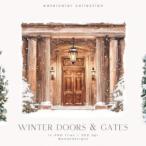 Puede incluir: Ilustración de acuarela de un conjunto de puertas y portales de invierno. El conjunto incluye una gran puerta doble con un diseño decorativo y dos portales más pequeños con herrajes ornamentales. Las puertas y los portales están todos colocados sobre un fondo nevado con nieve que cae.