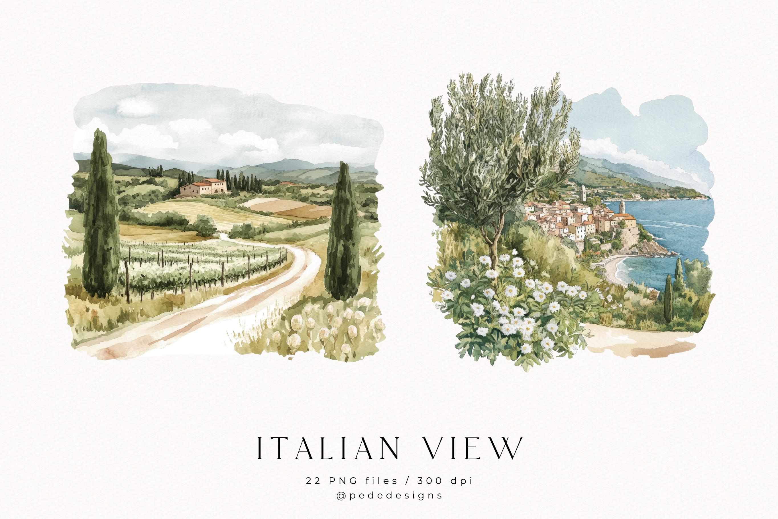 水彩画のイタリア沿岸クリップアート：夏の旅行風景（PNG ダウンロード